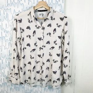 Zara Basic Happy Bird Woven Button-Down Blouse
